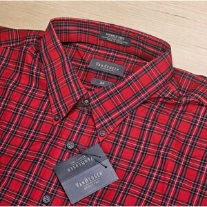 Van Heusen Broadcloth Button Up Shirt XXL 18 18.5 Red Tartan Plaid‎ NEW